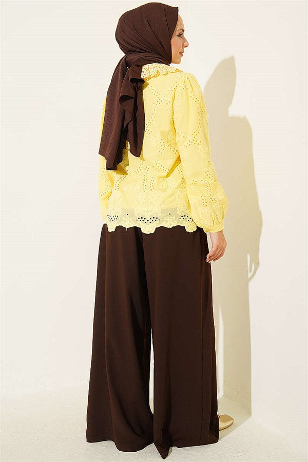 Peter Pan Collar Embroidered Detail Shirt Yellow