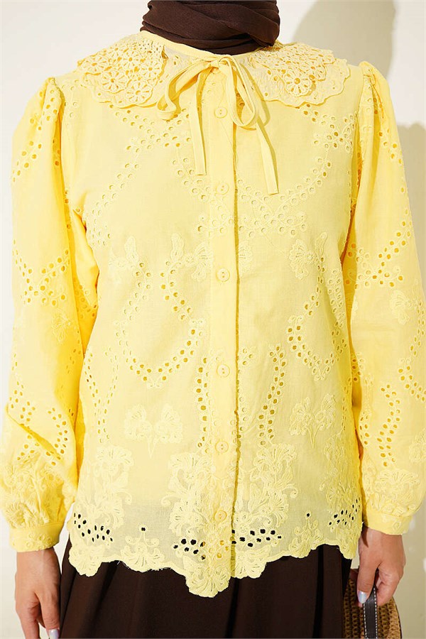 Peter Pan Collar Embroidered Detail Shirt Yellow