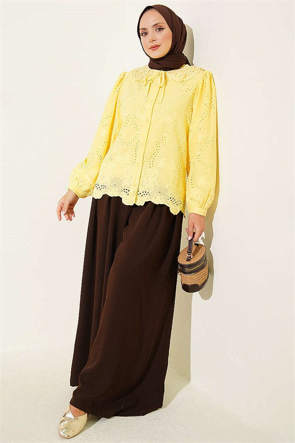 Peter Pan Collar Embroidered Detail Shirt Yellow