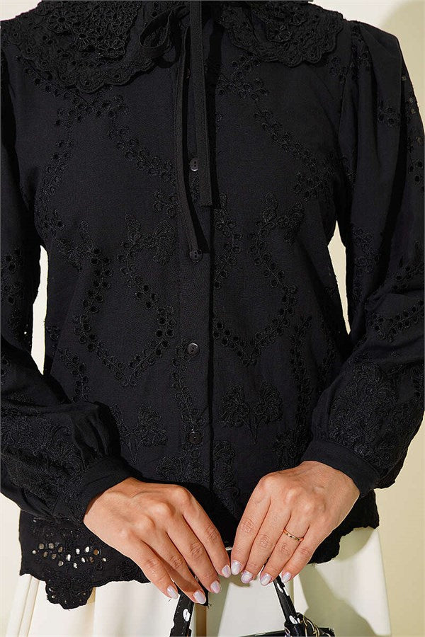 Peter Pan Collar Embroidered Detail Shirt Black