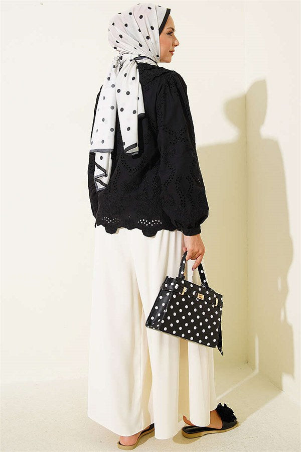 Peter Pan Collar Embroidered Detail Shirt Black