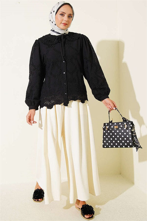 Peter Pan Collar Embroidered Detail Shirt Black