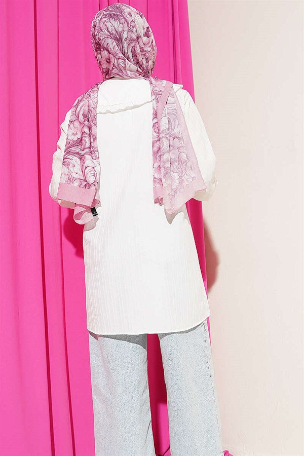 Peter Pan Collar Striped Embossed Shirt, Ecru