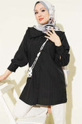 Peter Pan Collar Striped Embossed Shirt, Black
