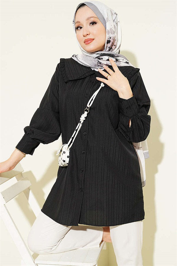 Peter Pan Collar Striped Embossed Shirt, Black