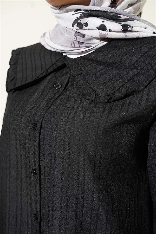 Peter Pan Collar Striped Embossed Shirt, Black