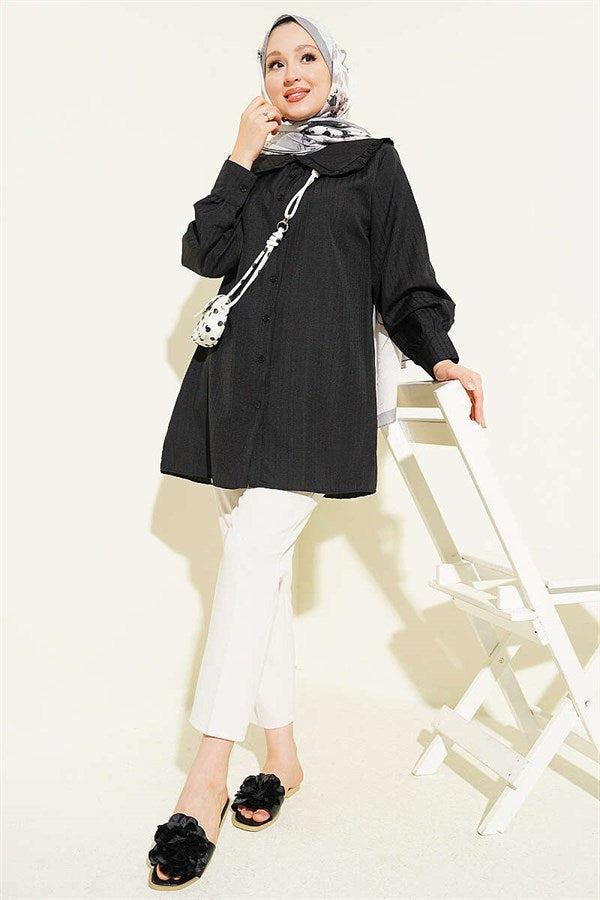 Peter Pan Collar Striped Embossed Shirt, Black