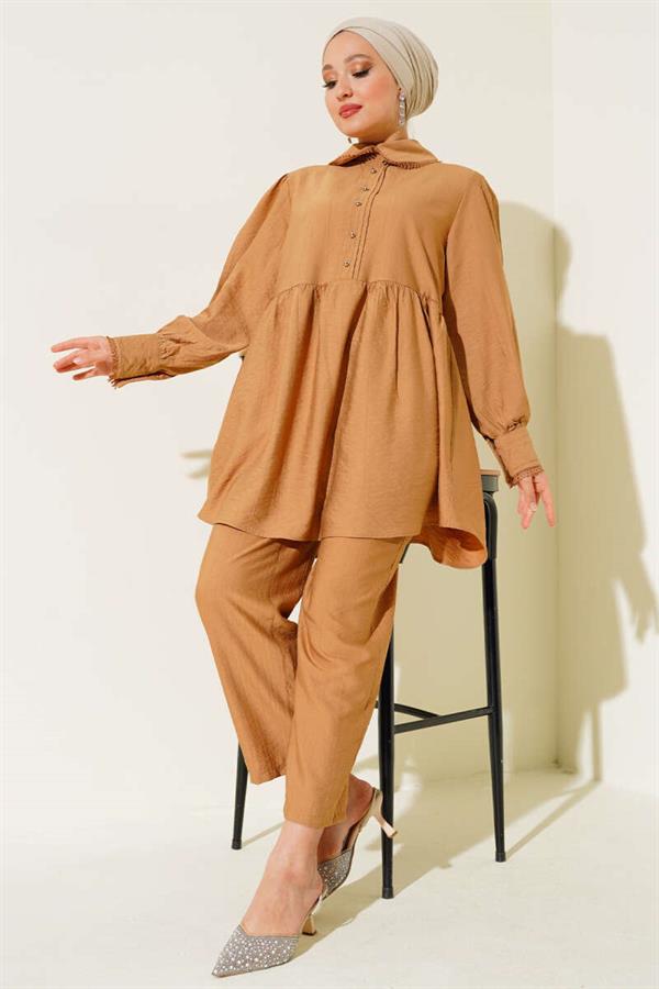 Baby Collar Lace Detailed 2 Piece Set Camel