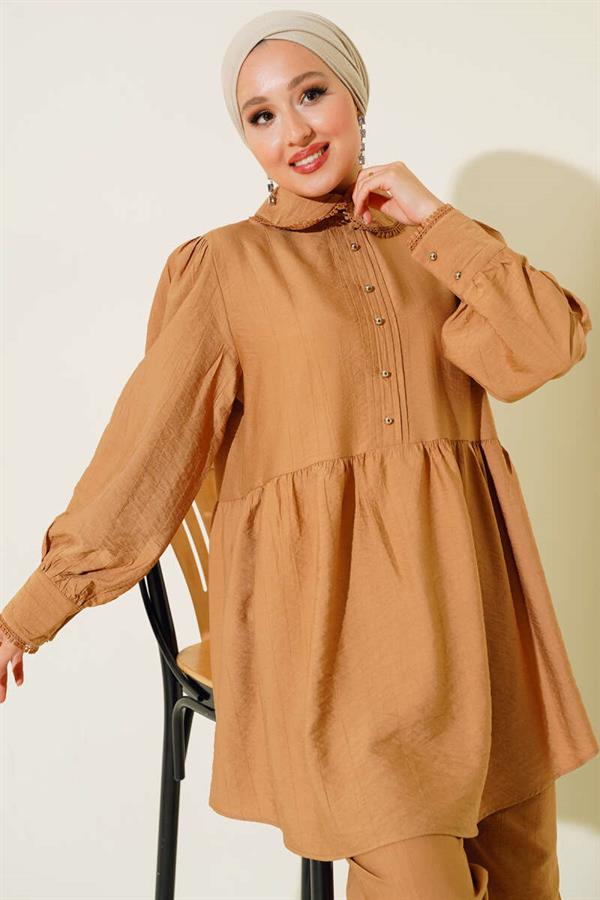 Baby Collar Lace Detailed 2 Piece Set Camel