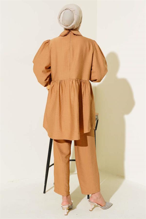 Baby Collar Lace Detailed 2 Piece Set Camel