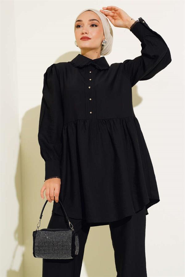 Baby Collar Lace Detailed 2 Piece Set Black