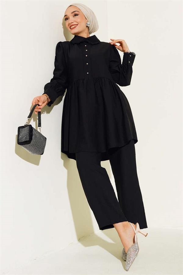 Baby Collar Lace Detailed 2 Piece Set Black