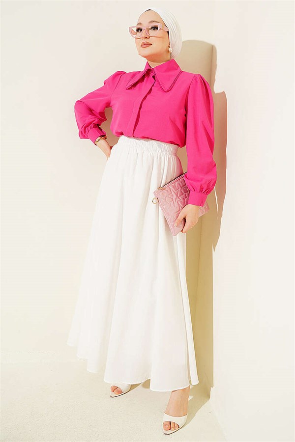 Peter Pan Collar Lace Trim Short Shirt Fuchsia