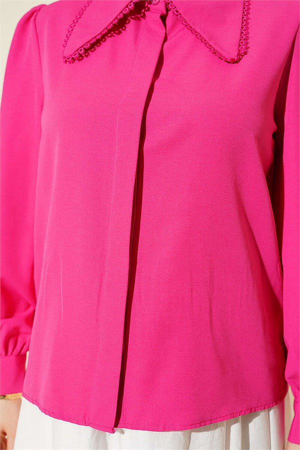 Peter Pan Collar Lace Trim Short Shirt Fuchsia