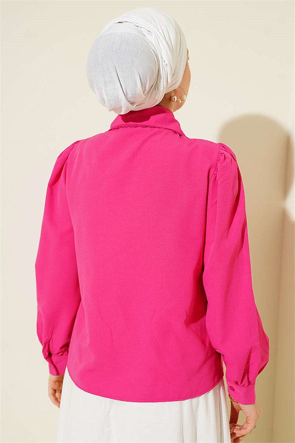 Peter Pan Collar Lace Trim Short Shirt Fuchsia