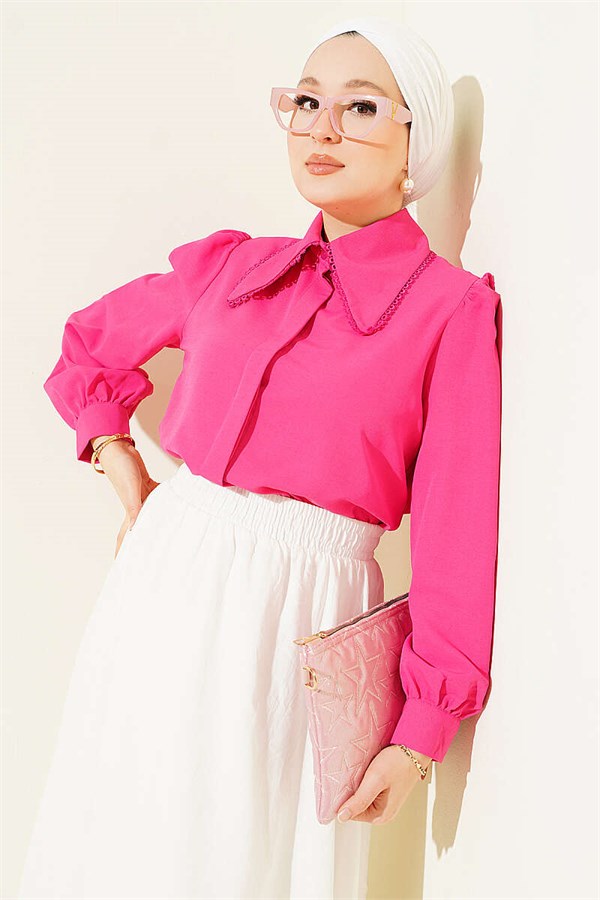 Peter Pan Collar Lace Trim Short Shirt Fuchsia
