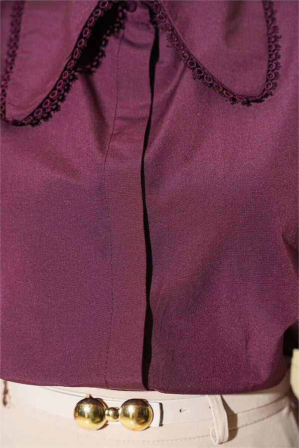 Peter Pan Collar Lace Trim Short Shirt, Plum
