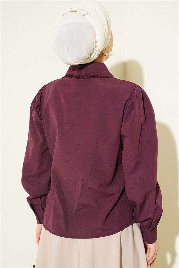 Peter Pan Collar Lace Trim Short Shirt, Plum