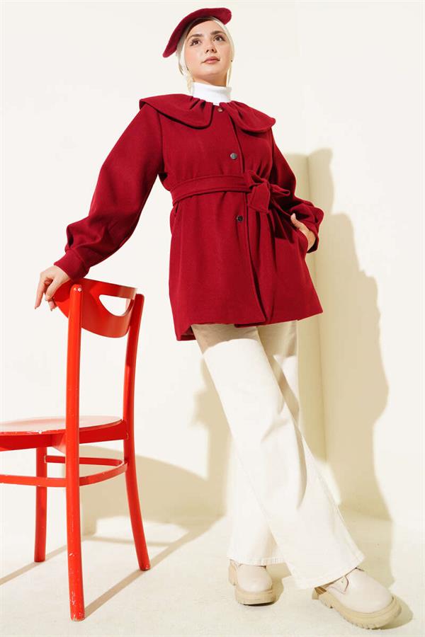 Baby Collar Detailed Cashmere Coat Burgundy