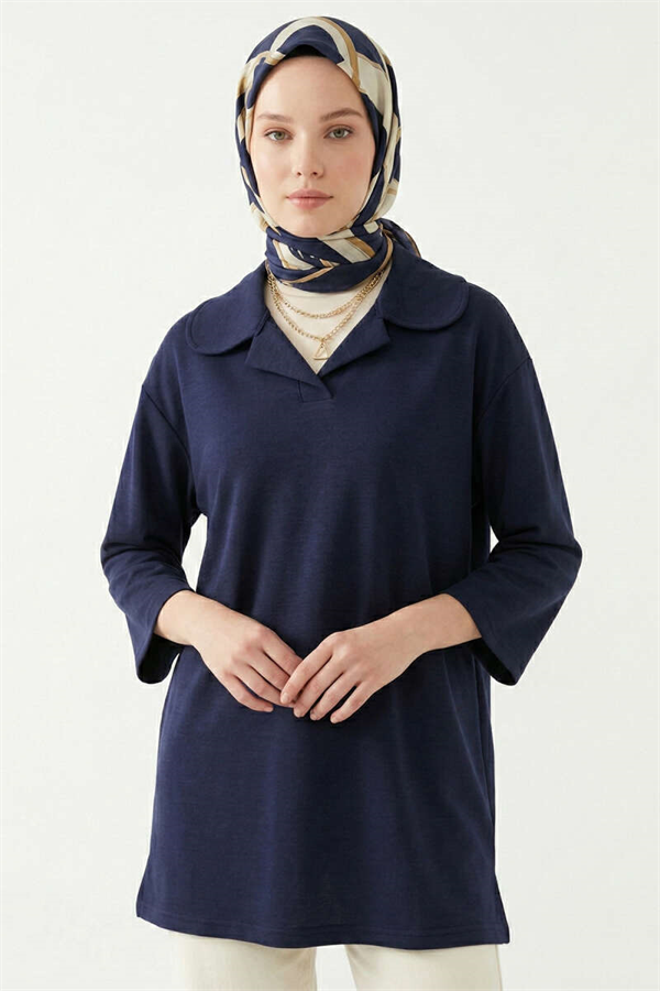 Navy Blue Tunic with Peter Pan Collar Detail