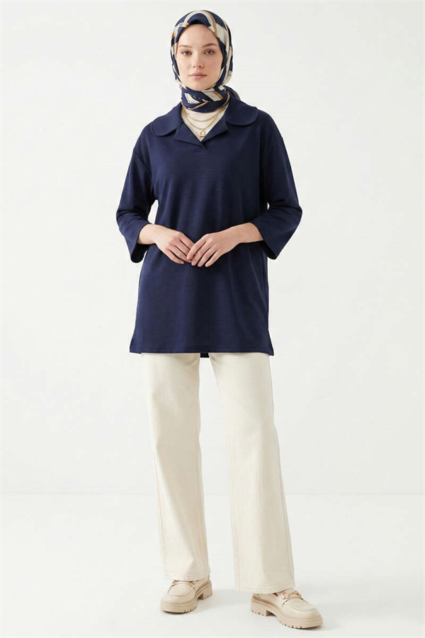 Navy Blue Tunic with Peter Pan Collar Detail