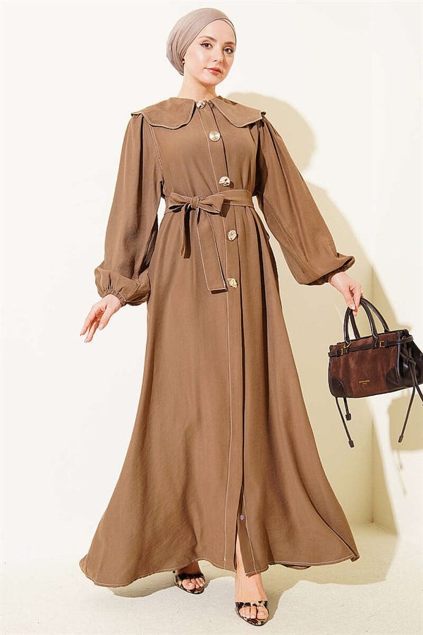 Peter Pan Collar Dress with Stitching Detail, Mink Color