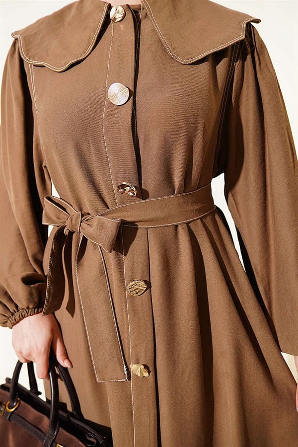 Peter Pan Collar Dress with Stitching Detail, Mink Color