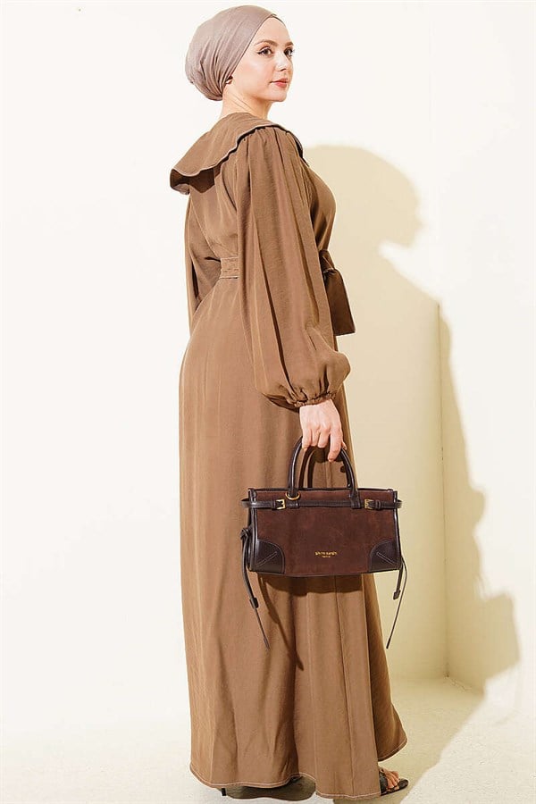 Peter Pan Collar Dress with Stitching Detail, Mink Color
