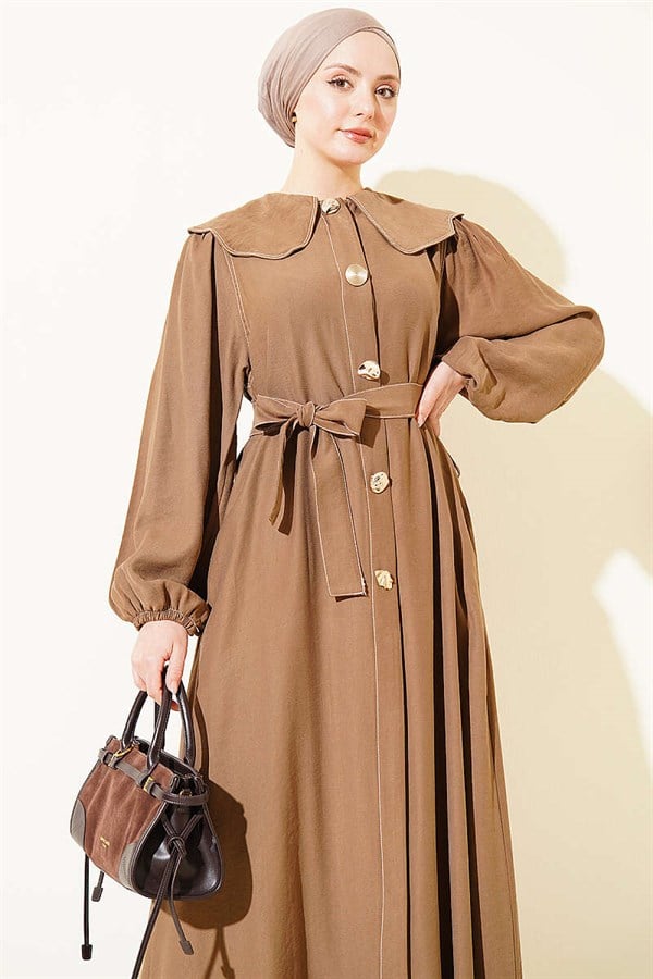 Peter Pan Collar Dress with Stitching Detail, Mink Color