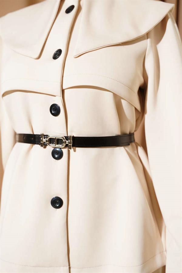 Baby Collar Buttoned Skirted 2 Piece Set Beige