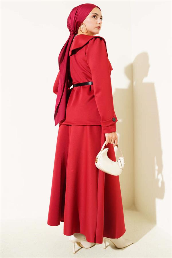 Baby Collar Buttoned Skirted 2 Piece Set Burgundy