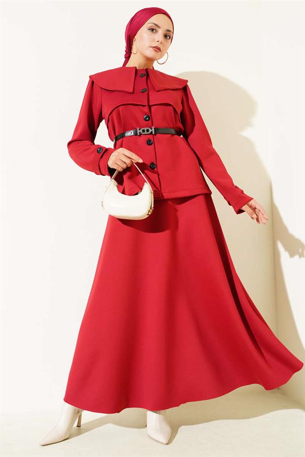Baby Collar Buttoned Skirted 2 Piece Set Burgundy