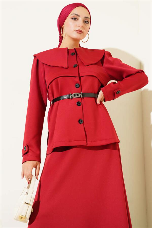 Baby Collar Buttoned Skirted 2 Piece Set Burgundy