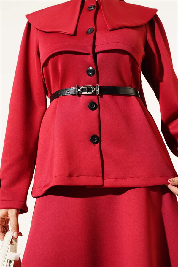 Baby Collar Buttoned Skirted 2 Piece Set Burgundy