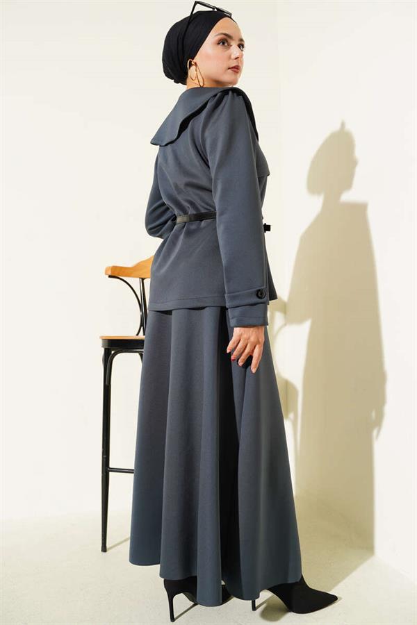 Baby Collar Buttoned Skirted 2 Piece Set in Smoke Color
