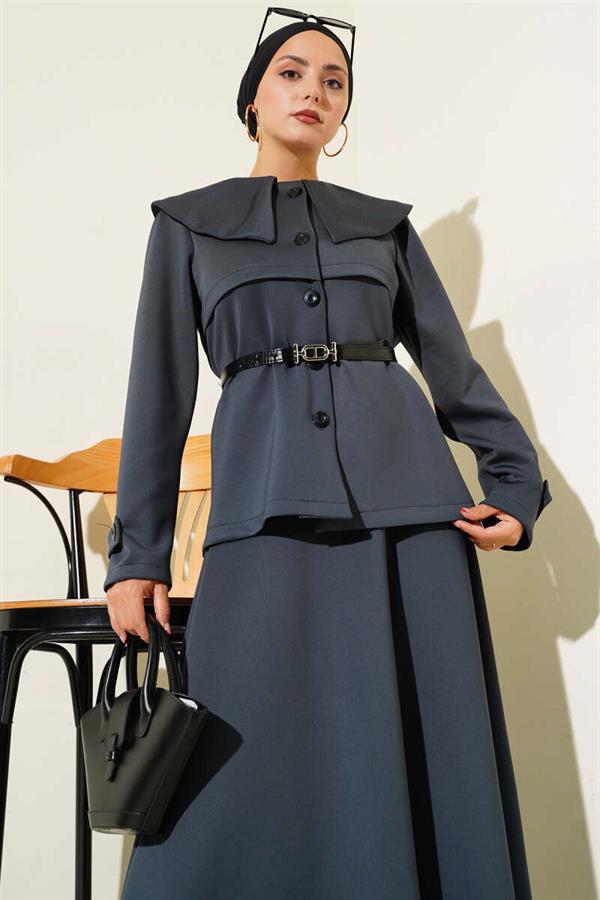Baby Collar Buttoned Skirted 2 Piece Set in Smoke Color