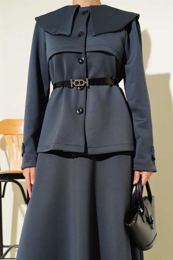 Baby Collar Buttoned Skirted 2 Piece Set in Smoke Color