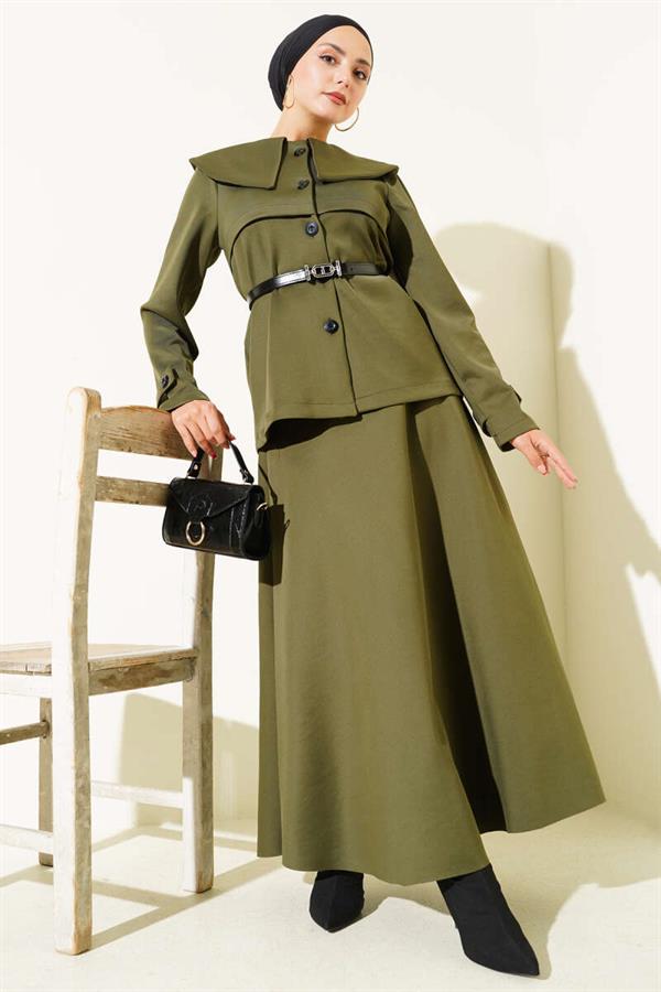 Baby Collar Buttoned Skirted 2 Piece Set Khaki