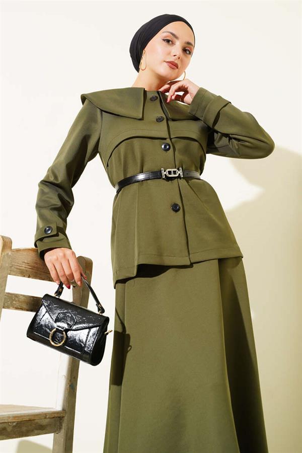 Baby Collar Buttoned Skirted 2 Piece Set Khaki