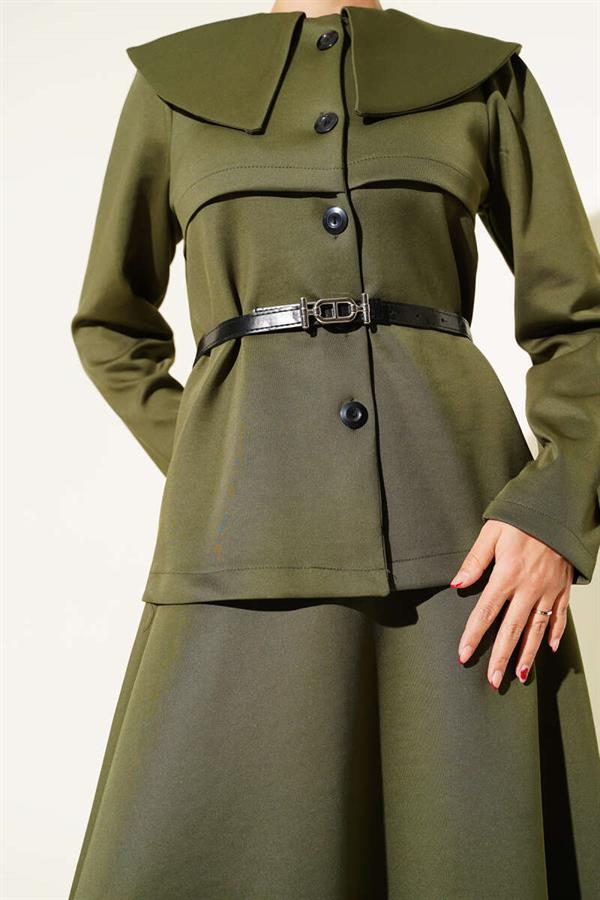 Baby Collar Buttoned Skirted 2 Piece Set Khaki