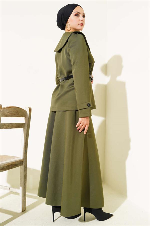 Baby Collar Buttoned Skirted 2 Piece Set Khaki