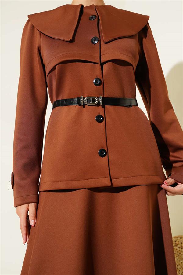 Baby Collar Buttoned Skirted 2 Piece Set Chestnut
