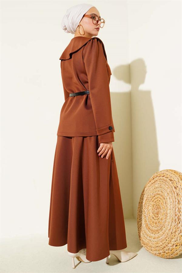 Baby Collar Buttoned Skirted 2 Piece Set Chestnut