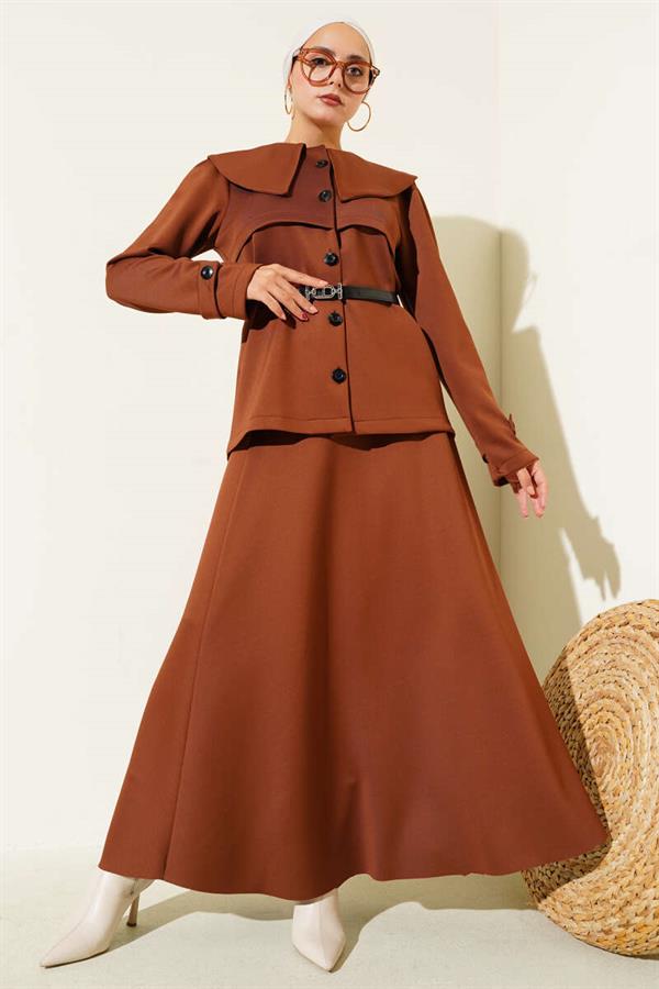 Baby Collar Buttoned Skirted 2 Piece Set Chestnut