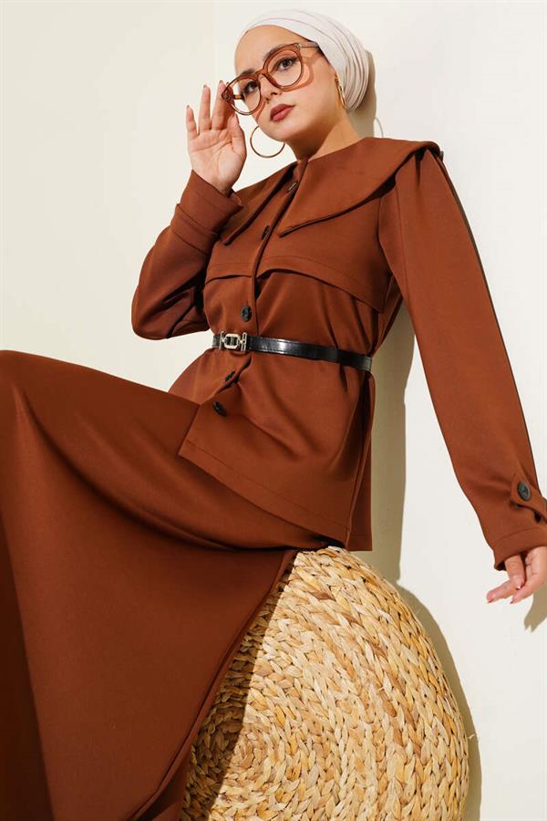 Baby Collar Buttoned Skirted 2 Piece Set Chestnut