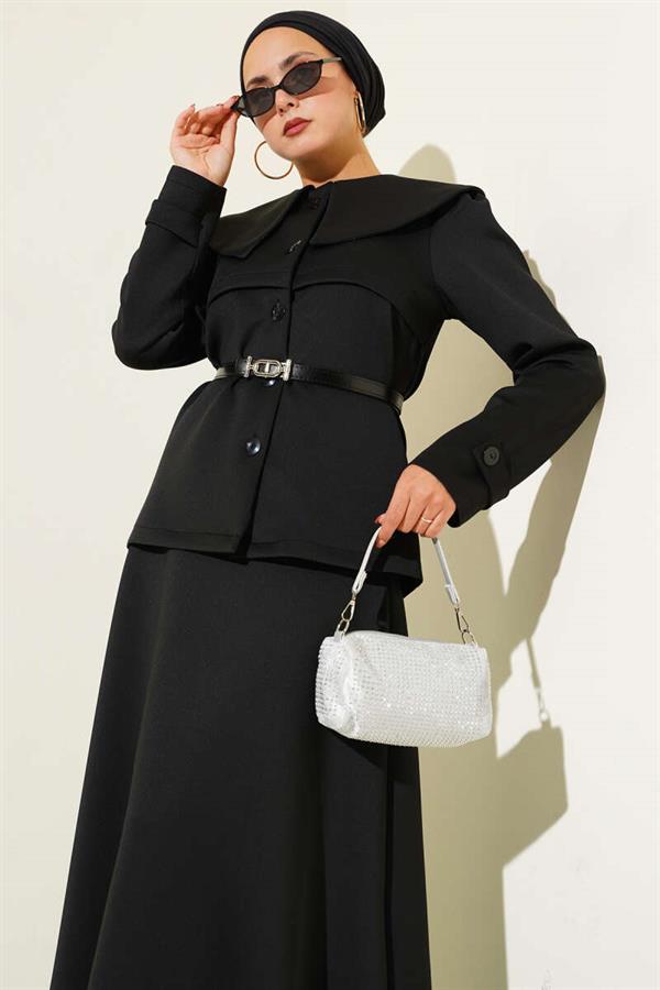 Baby Collar Buttoned Skirt 2 Piece Set Black
