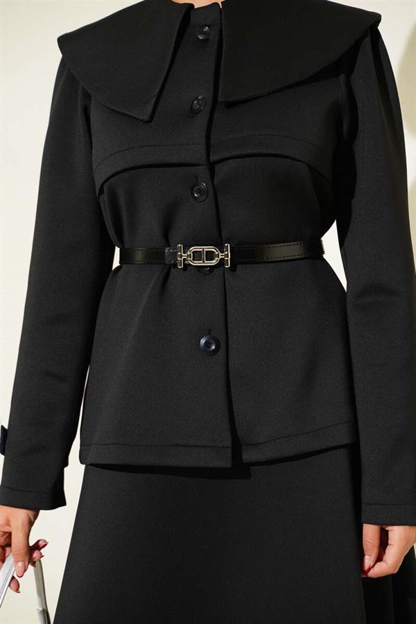 Baby Collar Buttoned Skirt 2 Piece Set Black