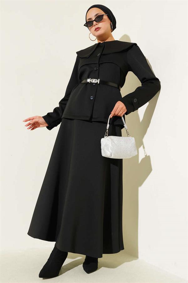 Baby Collar Buttoned Skirt 2 Piece Set Black
