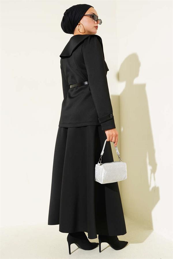 Baby Collar Buttoned Skirt 2 Piece Set Black