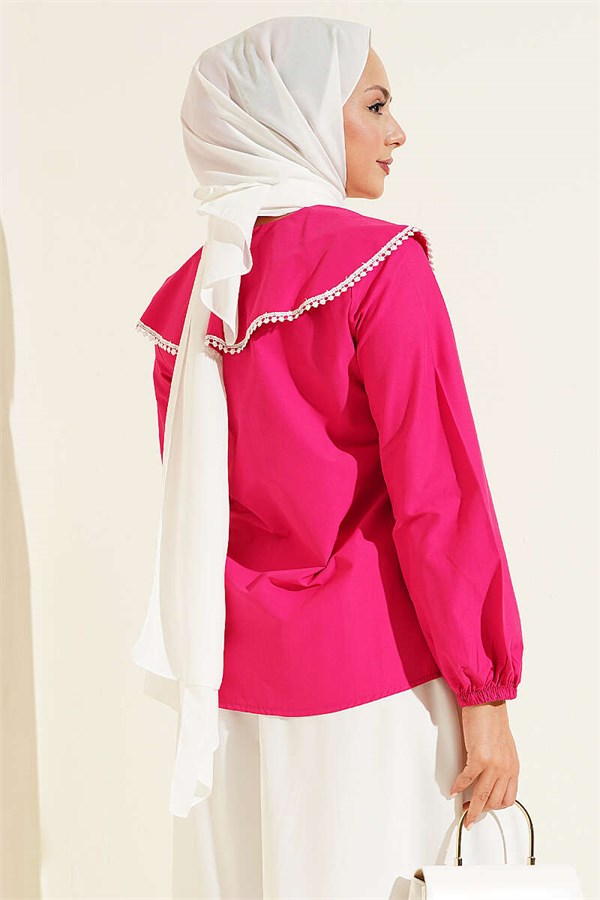 Peter Pan Collar Shirt with Lace Detail, Fuchsia